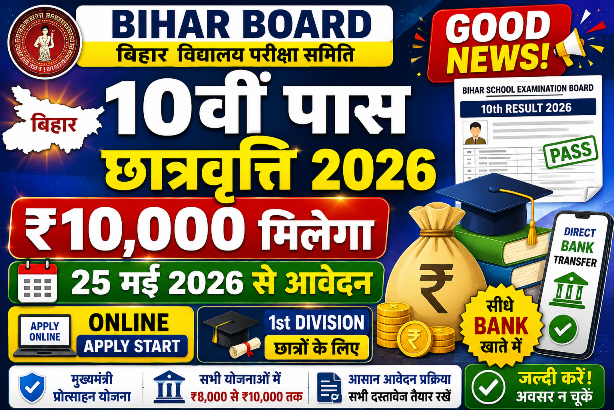 You are currently viewing Bihar Board 10th Pass Scholarship 2026: बिहार 10वीं पास प्रोत्साहन योजना 10,000 आनलाइन फार्म 2026 -Direct Link Active