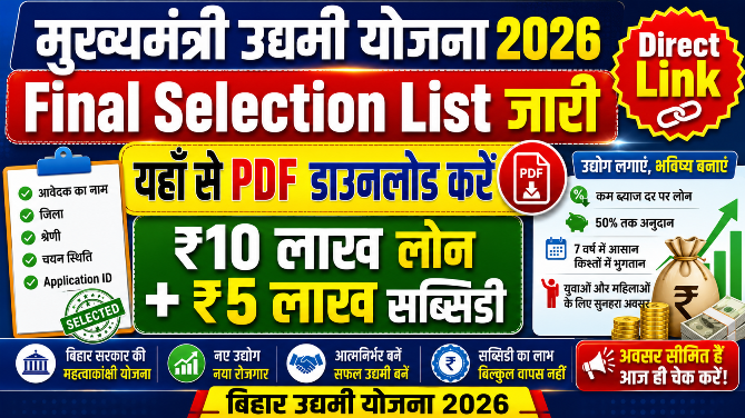 You are currently viewing Mukhyamantri Udyami Yojana 2026 Final Selection List Out, PDF Download Link, ₹10 Lakh Loan Scheme