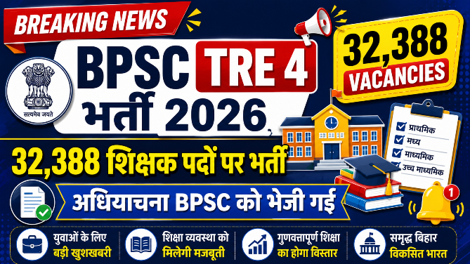You are currently viewing BPSC TRE 4 Teacher Recruitment 2026: बिहार में 32,388 शिक्षक पदों पर भर्ती, शिक्षा विभाग ने BPSC को भेजी अधियाचना